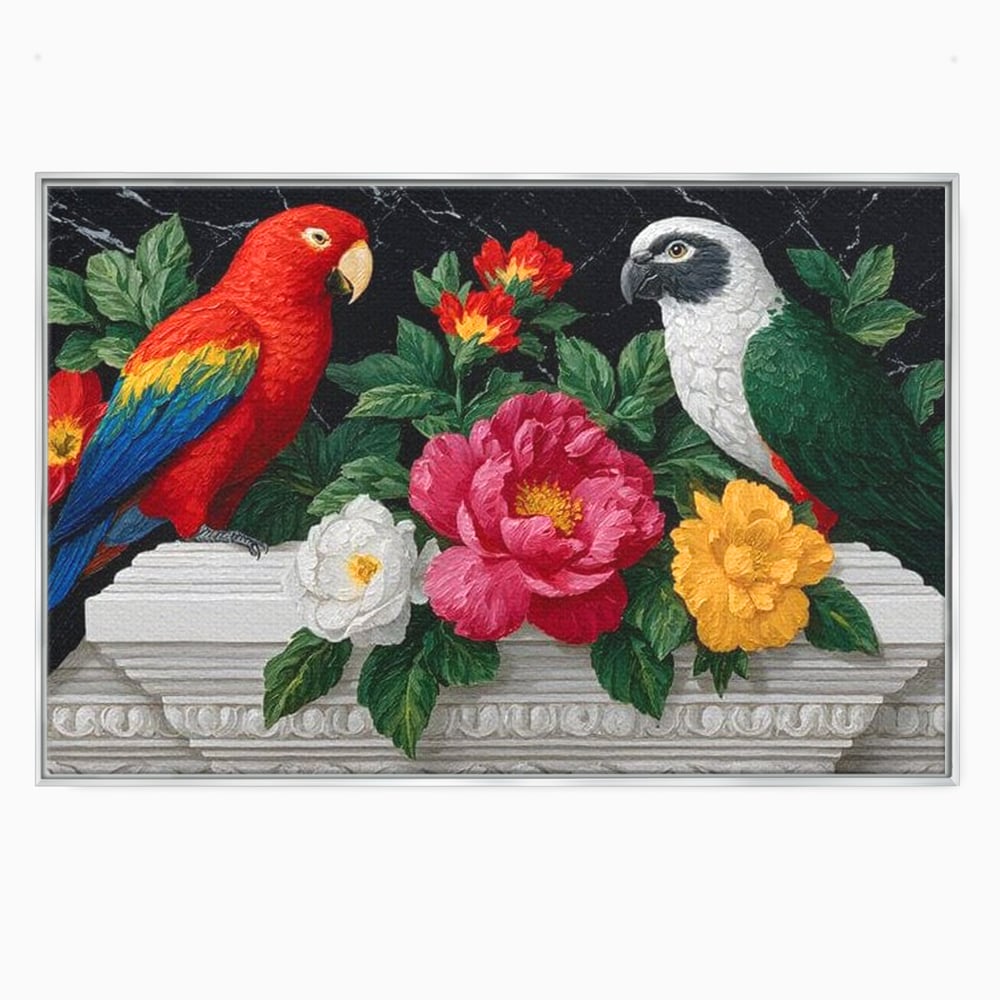 Tablou canvas cu pictura cu papagali si flori, in rama de aluminiu argintiu